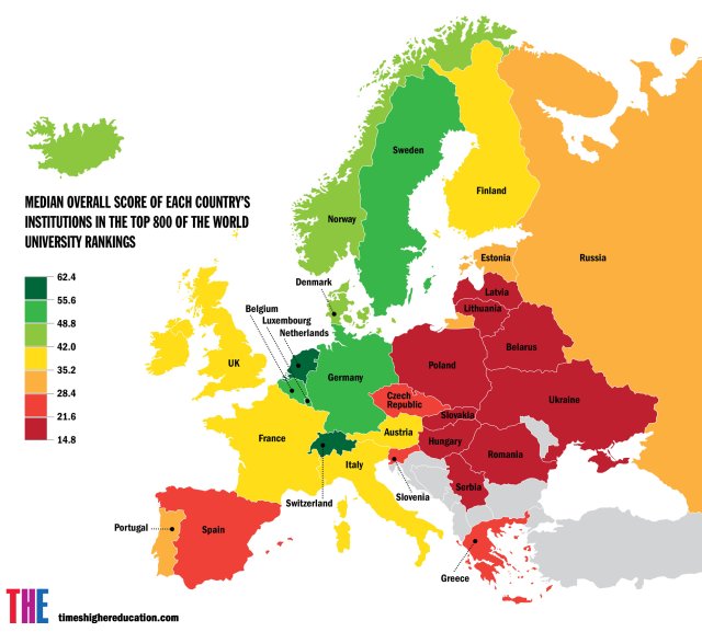 Punktacja europejskich uczelni w rankingu najlepszych szkół wyższych